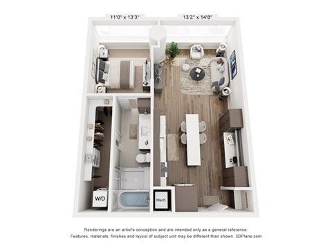 Floor plan for 1 bed, 1 bath, 788 sqft